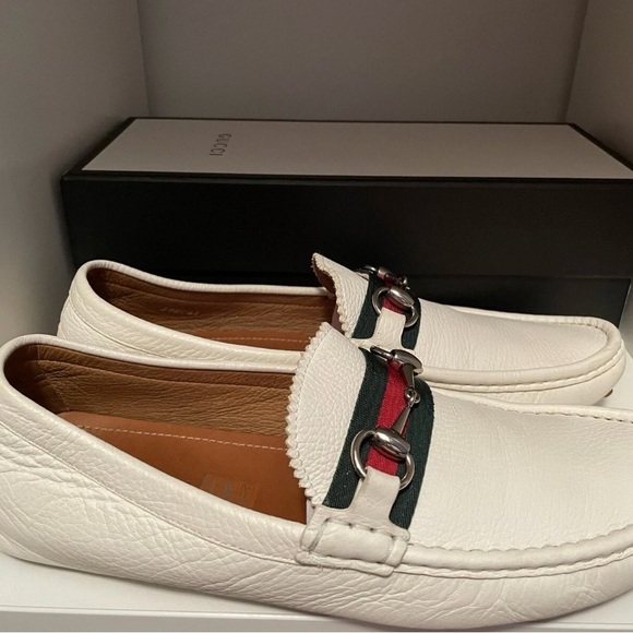 Gucci White Leather Horsebit Loafers with Red and Green Web 8.5 main image 7